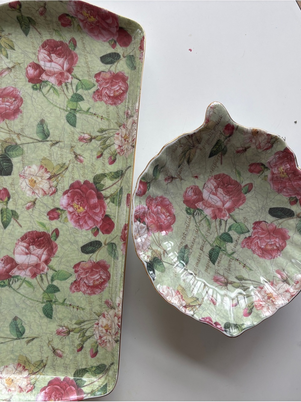Royal Danube Floral Pink Rose Ceramic Tray and Scalloped Bowl